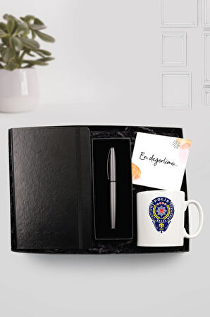 Polislere Özel Tasarım Kupa & Siyah Defter & Gri Metalik Roller Kalem Hediye Seti