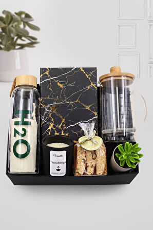 Defter-Bambu Kapaklı Matara-Bambu French Press-Yapay Saksı-Bademli Kurabiye-Bardak Mum Hediye Seti