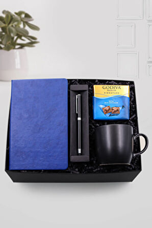 Mavi Defter & Kalın Siyah Renk Touch Pen & Siyah Mat Kupa & Godiva Çikolata Hediye Seti