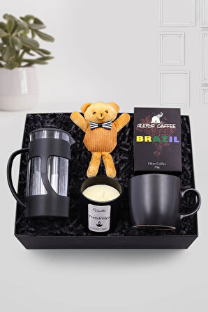 French Press-Siyah Kupa-Alerya Brazil Filtre Kahve-Papyonlu Ayıcık Anahtarlık-Bardak Mum Hediye Seti