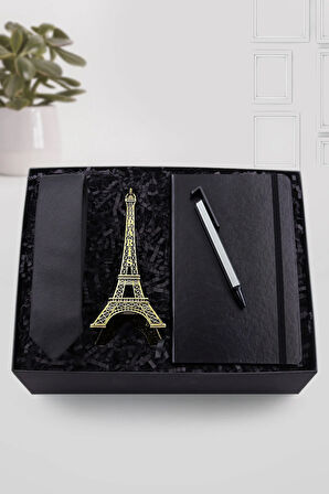 Siyah Defter & Gri Telefon Tutuculu Tükenmez Kalem & Eyfel Kulesi Biblo & Siyah Kravat Hediye Seti