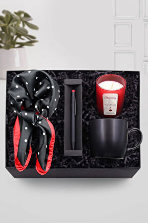 Kırmızı Detaylı Touch Pen & Siyah Kupa & Puantiyeli Fular & Çilek Kokulu Bardak Mum Hediye Seti