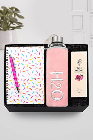 Konfeti Defter-Pembe Tükenmez Kalem-Peluş 600 ML Pembe Matara-Rebul Bouquet Kolonya Hediye Seti