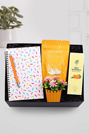 Konfeti Defter-Turuncu Kalem-Papatya Saksı-Patiswiss Portakal-Rebul Mandalina Kolonya Hediye Seti