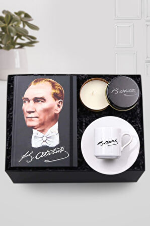 Atatürk İmzalı Fincan & Atatürk Resimli Defter & Atatürk İmzalı Siyah Metal Kutulu Mum Hediye Seti