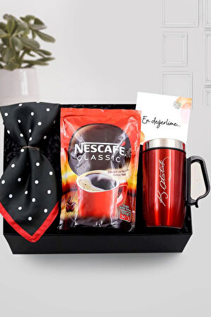 Atatürk İmzalı Kulplu Kırmızı Çelik Termos & Nescafe Classic & Puantiyeli Fular Hediye Seti