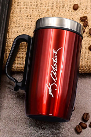 Atatürk İmzalı Kulplu Kırmızı Çelik Termos & Nescafe Classic & Puantiyeli Fular Hediye Seti