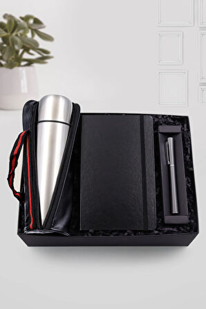 500 ML Deri Çantalı Gri Çelik Termos & Siyah Defter & Gri Renk Roller Kalem Hediye Seti