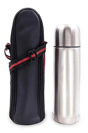 500 ML Deri Çantalı Gri Çelik Termos & Siyah Defter & Gri Renk Roller Kalem Hediye Seti