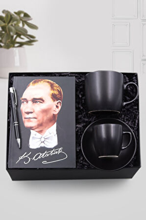 Siyah Tükenmez Kalem & Mustafa Kemal Atatürk Resimli Defter & Siyah Kupa & Siyah Fincan Hediye Seti