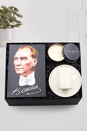 Kemal Atatürk Resimli Defter & Atatürk İmzalı Siyah Metal Kutulu Mum & Beyaz Fincan Hediye Seti