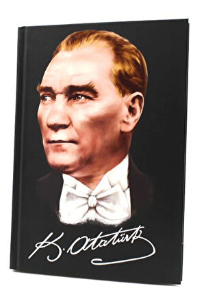 Kemal Atatürk Resimli Defter & Atatürk İmzalı Siyah Metal Kutulu Mum & Beyaz Fincan Hediye Seti