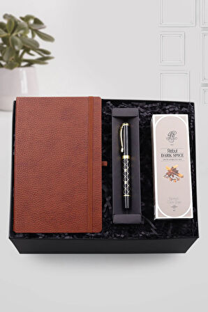 Kahverengi Defter & Rebul Erkek Kolonyası & Karo Desen Siyah Roller Kalem