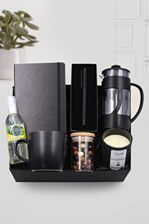 Siyah Defter-Bardak Mum-Siyah Kupa-French Press-Roller Kalem-Kolonya-Draje Çikolata Hediye Seti