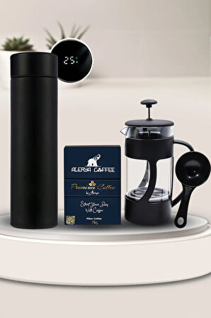500 ML Siyah Dereceli Termos & Alerya Premium Filtre Kahve & Siyah French Press Hediye Seti