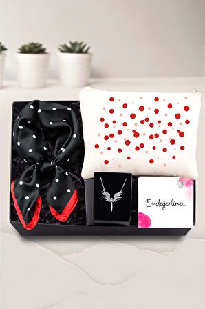 El Çantası & Kırmızı Siyah Renk Puantiyeli Fular & Gümüş Renk Mikail Melek Kolye Hediye Seti
