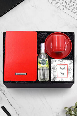 Kırmızı Defter & Parlak Kırmızı Fincan & Eyüp 150ml Sprey Kolonya Hediye Seti