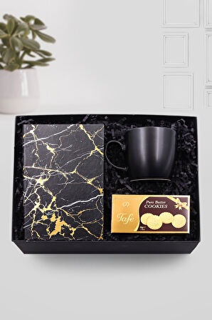 Siyah Defter & Siyah Mat Renk Roller Kalem & 500 ML Siyah Dereceli Termos Hediye Seti