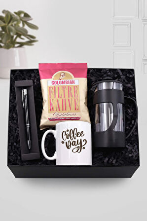 Kupa & Gümüş Detaylı Siyah Tükenmez Kalem & Siyah French Press & Colombian Filtre Kahve Hediye Seti