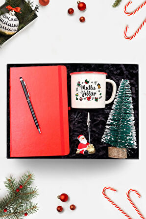 Defter & Touch Pen & Çam Ağacı & Mutlu Yıllar Temalı Vintage Kupa & Masa üstü Not Tutucu Hediye Seti