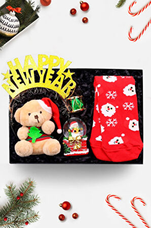 Happy New Year Taç & Yılbaşı Çorabı & Kar Küresi & Mini Yılbaşı Ayıcık Yeni Yıl Hediye Seti