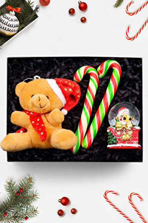 Yılbaşına Özel Mini Yılbaşı Ayıcık & Yılbaşı Kar Küresi & 2'li Baston Şeker Hediye Seti