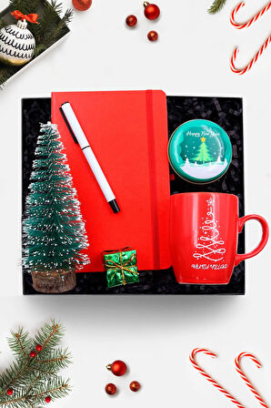 Defter & Mat Roller Kalem & Kupa & Mum & Ahşap Zeminli Mini Çam Ağacı Hediye Seti
