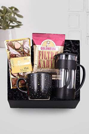 Yıldızlı Kupa Siyah French Press Colombian Taze Filtre Kahve Vela Çikolata Hediye Seti