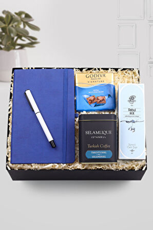 Mavi Defter-Beyaz Mat Roller Kalem-Selamlıque Türk Kahvesi-Rebul Kolonya-Godiva Çikolata Hediye Seti