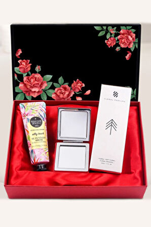 Kadın Parfüm ve  Eyüp Sabri Tuncer El ve Vücut Kremi  ve Kırmızı El Aynası Hediye Seti