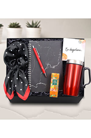 Mermer Defter-Kırmızı Tükenmez Kalem-280ml Kırmızı Termos-Puantiyeli Fular-Mini Kolonya Hediye Seti