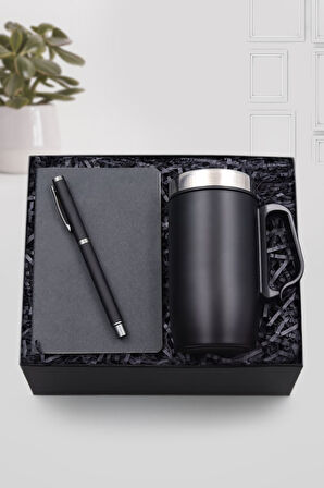 Siyah Mat Roller Kalem & Dikişli Mini Not Defteri & 280 ML Kulplu Siyah Çelik Termos Hediye Seti