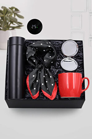 Siyah Dereceli Termos & Kırmızı Kupa & Kırmızı Siyah Renk Puantiyeli Fular & Cep Aynası Hediye Seti