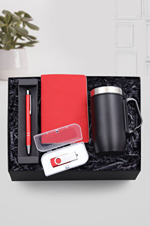 280 ML Kulplu Çelik Termos-Kırmızı Tükenmez Kalem-Kırmızı Mini Not Defteri-32 GB Usb Hediye Seti