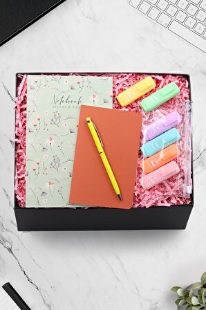 Yeşil Çiçekli Defter & Dikişli Mini Not Defteri & Fosforlu Kalem & Sarı Renk Touch Pen Hediye Seti