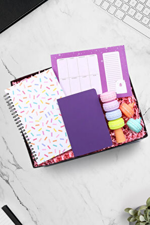 Konfeti Defter & Dikişli Mini Not Defteri & Haftalık Planner & Makaron Fosforlu Kalem Hediye Seti