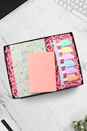 Yeşil Çiçekli Defter & Dikişli Mini Not Defteri & Dondurma Fosforlu Kalem Hediye Seti