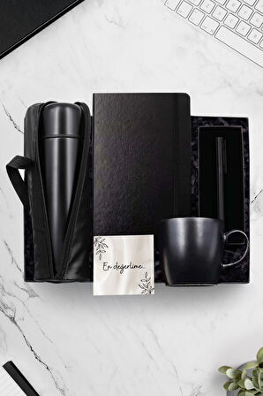 500 ML Deri Çantalı Termos & Siyah Kupa & Siyah Defter & Siyah Roller Kalem Hediye Seti