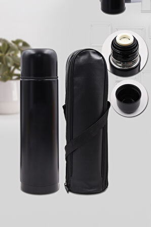 500 ML Deri Çantalı Termos & Siyah Kupa & Siyah Defter & Siyah Roller Kalem Hediye Seti