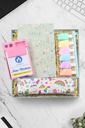 Yeşil Çiçekli Defter & 6'lı Dondurma Fosforlu Kalem & Desenli Şeffaf Kalemlik & Bloknot Hediye Seti