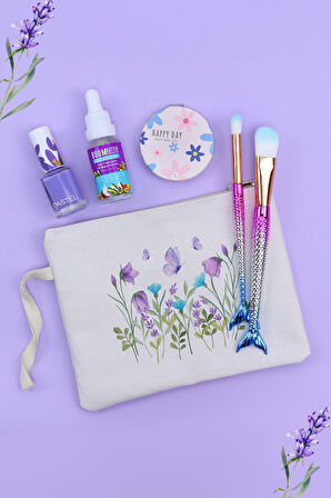 Çiçekli El Çantası & 2li Makyaj Fırça & Oje & Boom Butter Cilt Bakım Serumu & Ayna Hediye Seti