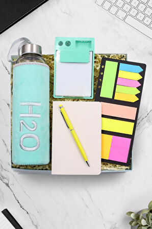 Touch Pen & Mini Not Defteri & Peluş Kılıflı Cam Matara & Yapışkanlı Notluk & Bloknot Hediye Seti