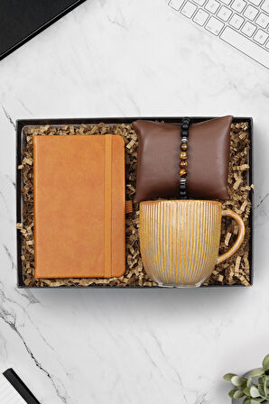 Mini Not Defteri & Kaplan Gözü Bileklik & Turuncu Çizgili Porselen Kupa Hediye Seti