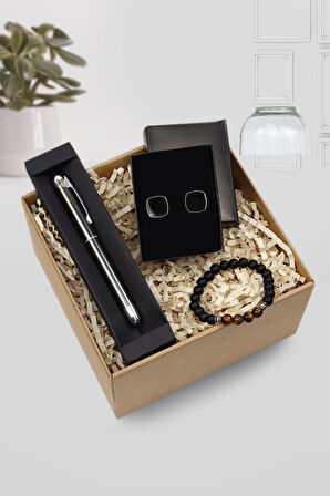 Kol Düğmesi & Kaplangözü Bileklik & Gümüş Detaylı Roller Kalem Hediye Seti