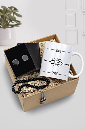 Baskılı Kupa & Siyah Tesbih & Kol Düğmesi Hediye Seti