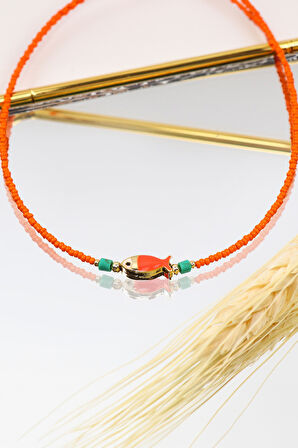 Gold Metal Kutulu Mum & Turuncu Kupa & Renkli Balık Figürlü Kolye Hediye Seti