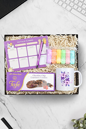 Kupa-Haftalık Planner-Tükenmez Kalem-Çikolata Parçacıklı Kurabiye-Fosforlu Kalem Hediye Seti