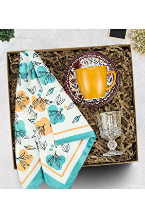 Turuncu Türk Kahvesi Fincanı & Kahve Yanı Su Kadehi & Yaprak Detaylı Fular Hediye Seti