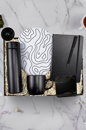 Siyah Defter & Siyah Kalem & Siyah Kupa & Mousepad & Bardak Altlığı & Dereceli Termos Hediye Seti