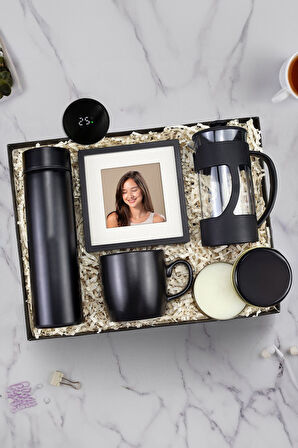 Dereceli Termos & Siyah Kupa & Desenli Mum & French Press & Siyah Paspartulu Çerçeve Hediye Seti